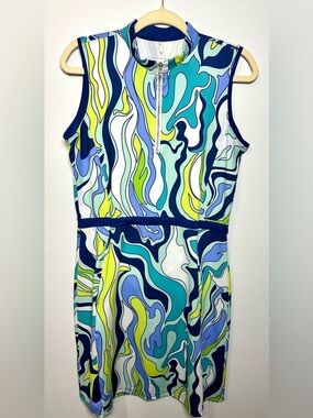 Ana Clare Active Sleeveless Mini Dress Blue & Green Swirl Print with Zip Front